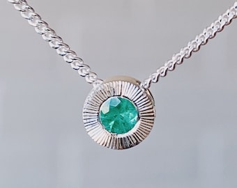 Emerald Small Aurora May Birthstone Necklace in Sterling Silver, birthday, mom, new mom, mothers day, gift, present, engraved, rays
