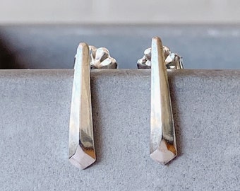 Silver tapered fragment stud earrings, minimal geometric studs, bar stud, modern stud earrings, carved, faceted, deco post earrings, gift