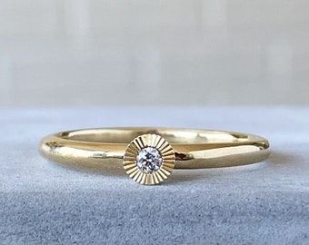 Small Aurora Diamond Stacking Ring in Yellow Gold, stackable ring with engraved sunburst halo, solitaire diamond promise ring, stacker