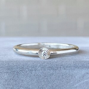 Micro Aurora Diamond Stacking Ring in Sterling Silver, stackable ring with engraved sunburst halo, solitaire diamond promise ring, stacker