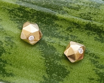 Micro Fragment Diamond Stud Earrings in Gold Vermeil, Vermeil and Diamond Faceted Stud Earrings, Geometric, second hole, edgy, nugget