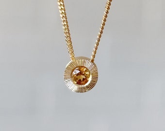 Citrine Small Aurora November Birthstone Necklace in Yellow Gold, birthday, mom, new mom, mothers day, gift, present, engraved, sunburst