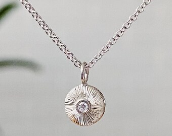 Silver and Diamond Nimbus Necklace, dainty, feminine, halo, engraved, engraving, beam, light, rays, sunburst, burst, art deco, conflict free