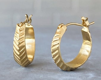 Vermeil herringbone hoops, huggy hoops, small hoop earrings, easy open, yellow gold,  textured, everyday, modern, tapered, lightweight hoops