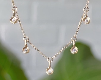 Engraved Gold Borealis Diamond Necklace, dainty, minimal, delicate, charm, feminine, layering, light, sunburst, rays, textured, tiny