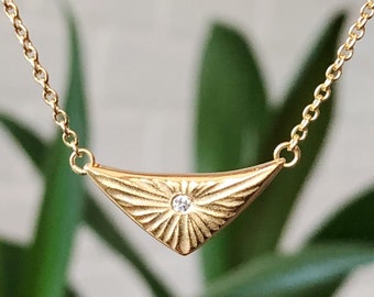 Gold Vermeil Flash Necklace, Triangle Diamond Necklace, organic texture, conflict free, recycled, light, burst, sunburst, rays, everyday