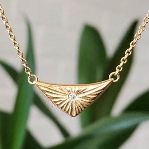 Gold Vermeil Flash Necklace, Triangle Diamond Necklace, organic texture, conflict free, recycled, light, burst, sunburst, rays, everyday image 1