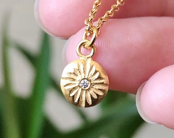 Small Lucia Necklace, sunburst, sunbeam, flower, rays, positive energy, daisy, chrysanthemum, conflict free, organic, floral, gold vermeil