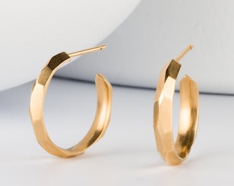 Yellow Gold Small Faceted Denali Hoop Earrings, solid gold, real gold, geometric, recycled, everyday, edgy, gift for mom, gift for wife