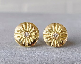 Small Gold Lucia Diamond Stud Earrings, sunburst, sunbeam, flora, rays, positive, halo, solid yellow gold, conflict free, organic, real gold