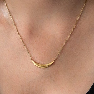 Vermeil and Diamond Wisp Necklace, crescent pendant, moon necklace, curved bar necklace, sideways moon, real gold, recycled, semicircle image 3