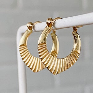 Yellow Gold small helios hoop earrings, hinge and latch closure, lightweight, textured, wear everyday, comfy, sunburst, sunbeam, solid gold image 1