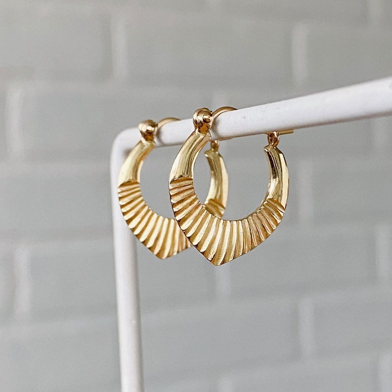 Yellow Gold small helios hoop earrings, hinge and latch closure, lightweight, textured, wear everyday, comfy, sunburst, sunbeam, solid gold image 1