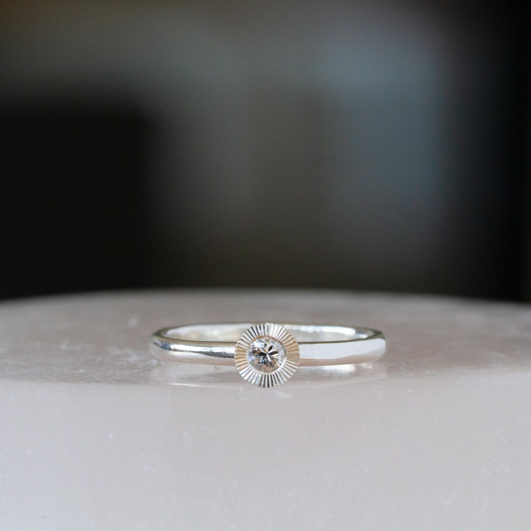 Sterling Silver Large Aurora Stacking Ring, Sunburst Diamond Ring With ...