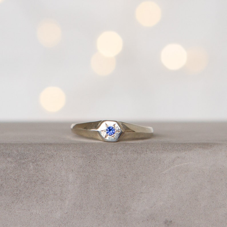 Astra Sapphire Signet Ring in silver, Star Setting, Low Profile Signet Ring, Minimal Sapphire Ring, Modern Comfortable, September birthstone image 5