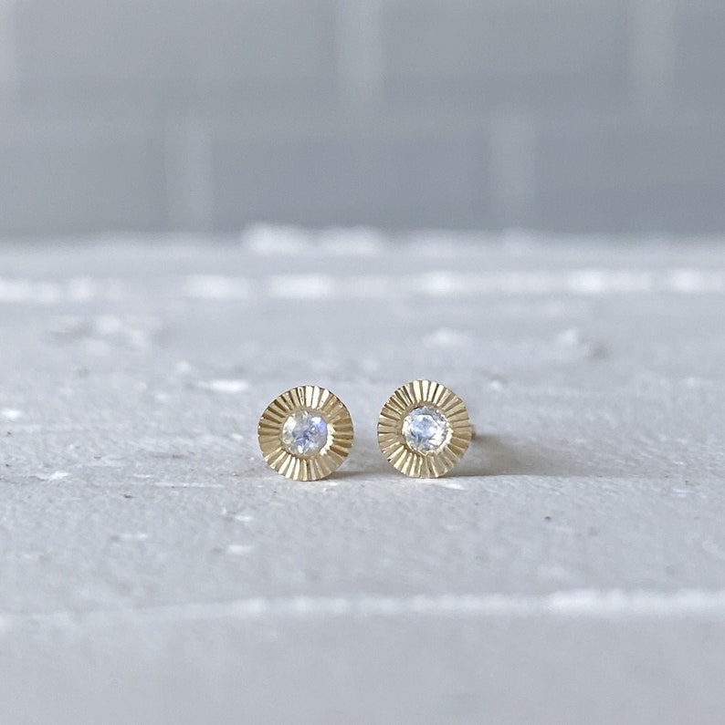 Small Aurora Stud Earrings, Moonstone and yellow gold halo stud earrings with engraving, radiant sunburst engraved, second hole, birthstone image 1