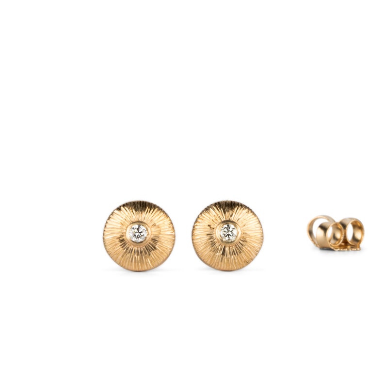 Nimbus Solid Gold and Diamond Stud Earrings, Solid Gold, Engraved Gold, Diamond Studs, Engraving, Halo, Conflict Free, Rays, Sunburst, burst image 5