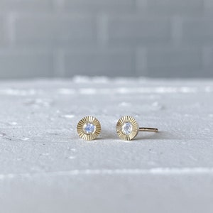 Small Aurora Stud Earrings, Moonstone and yellow gold halo stud earrings with engraving, radiant sunburst engraved, second hole, birthstone image 6