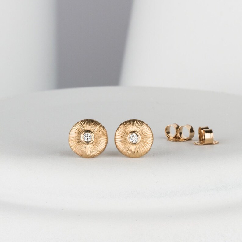 Nimbus Solid Gold and Diamond Stud Earrings, Solid Gold, Engraved Gold, Diamond Studs, Engraving, Halo, Conflict Free, Rays, Sunburst, burst image 2