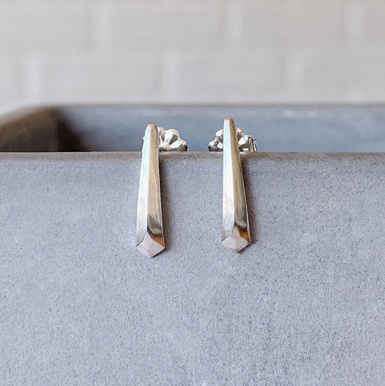 Silver tapered fragment stud earrings, minimal geometric studs, bar stud, modern stud earrings, carved, faceted, deco post earrings, gift image 1