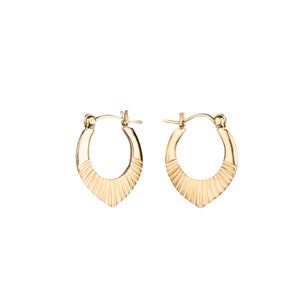 Yellow Gold small helios hoop earrings, hinge and latch closure, lightweight, textured, wear everyday, comfy, sunburst, sunbeam, solid gold image 4
