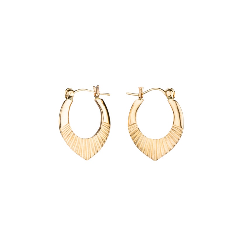 Yellow Gold small helios hoop earrings, hinge and latch closure, lightweight, textured, wear everyday, comfy, sunburst, sunbeam, solid gold image 4