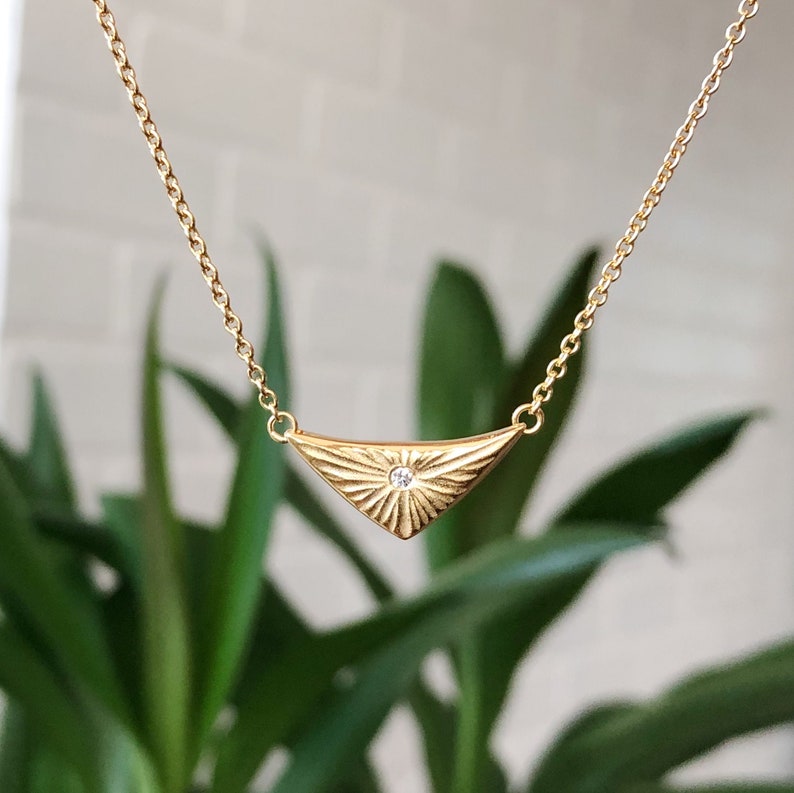 Gold Vermeil Flash Necklace, Triangle Diamond Necklace, organic texture, conflict free, recycled, light, burst, sunburst, rays, everyday image 1