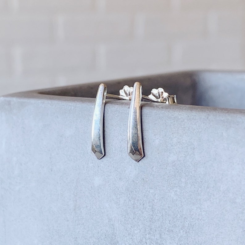 Silver tapered fragment stud earrings, minimal geometric studs, bar stud, modern stud earrings, carved, faceted, deco post earrings, gift image 2