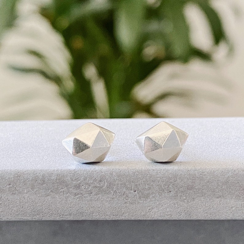 Tiny Sterling Silver Fragment Stud Earrings, faceted, edgy, geometric, nugget, recycled, conflict free, wabi-sabi, gift for wife image 1