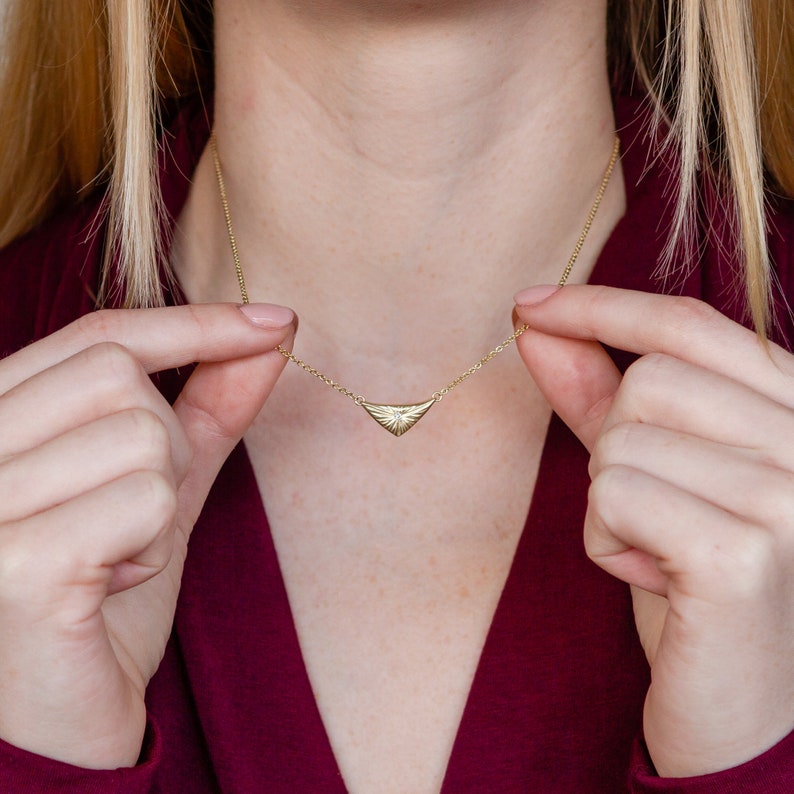 Gold Vermeil Flash Necklace, Triangle Diamond Necklace, organic texture, conflict free, recycled, light, burst, sunburst, rays, everyday image 3