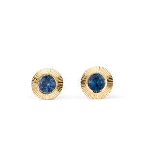 Large Aurora Stud Earrings, Blue Montana Sapphire and Yellow gold halo with engraving, radiant sunburst engraved border, second hole post image 4