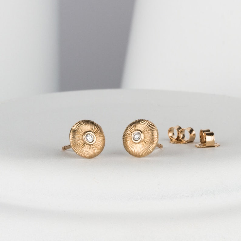 Nimbus Solid Gold and Diamond Stud Earrings, Solid Gold, Engraved Gold, Diamond Studs, Engraving, Halo, Conflict Free, Rays, Sunburst, burst image 3