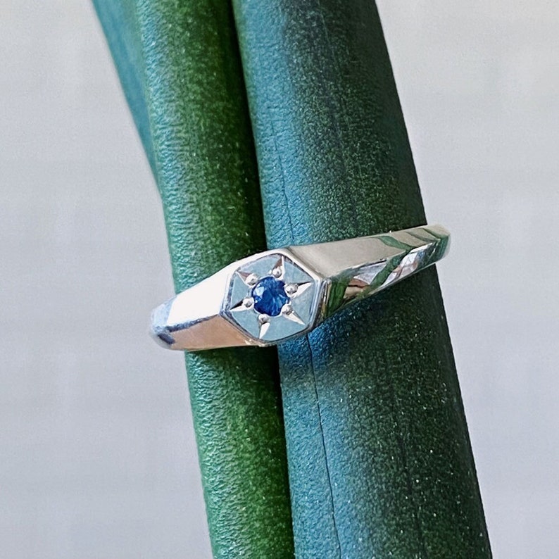 Astra Sapphire Signet Ring in silver, Star Setting, Low Profile Signet Ring, Minimal Sapphire Ring, Modern Comfortable, September birthstone image 1