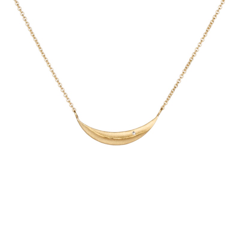 Vermeil and Diamond Wisp Necklace, crescent pendant, moon necklace, curved bar necklace, sideways moon, real gold, recycled, semicircle image 4