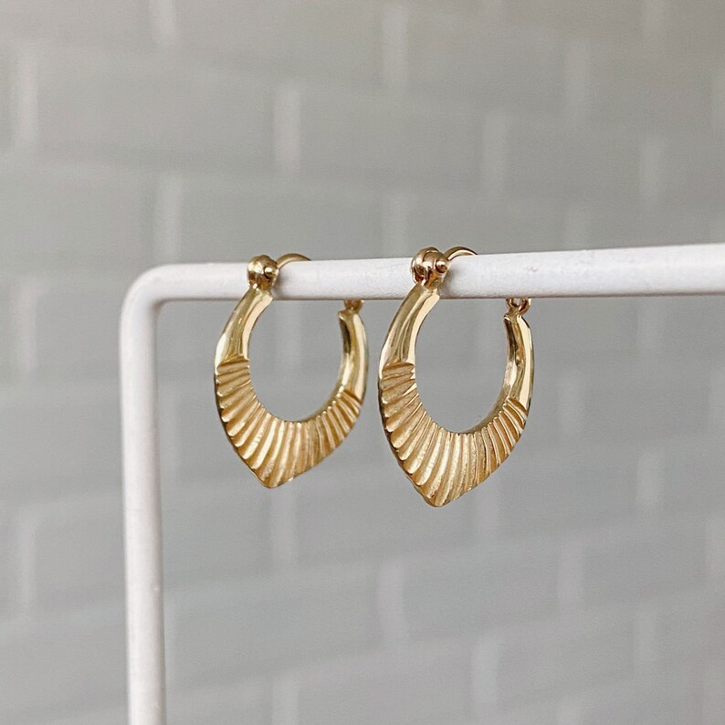 Yellow Gold small helios hoop earrings, hinge and latch closure, lightweight, textured, wear everyday, comfy, sunburst, sunbeam, solid gold image 6