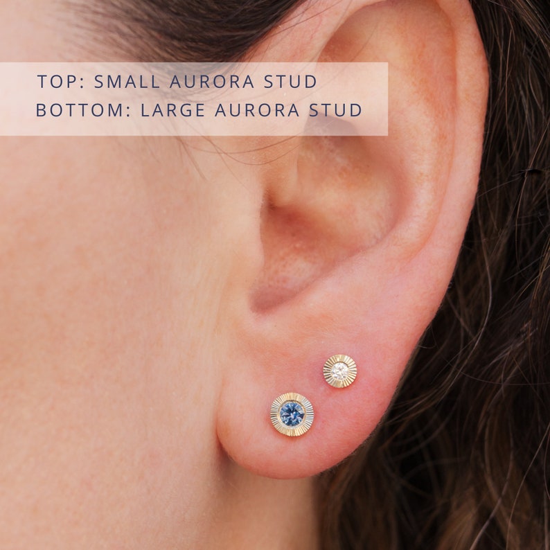 Large Aurora Stud Earrings, Blue Montana Sapphire and Yellow gold halo with engraving, radiant sunburst engraved border, second hole post image 2