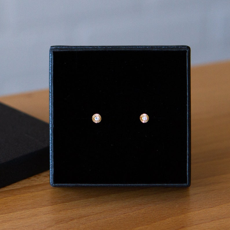 Small Aurora Stud Earrings, Moonstone and yellow gold halo stud earrings with engraving, radiant sunburst engraved, second hole, birthstone image 5