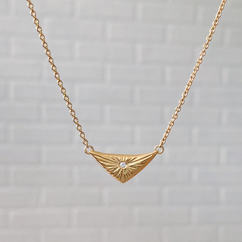 Gold Vermeil Flash Necklace, Triangle Diamond Necklace, organic texture, conflict free, recycled, light, burst, sunburst, rays, everyday image 5