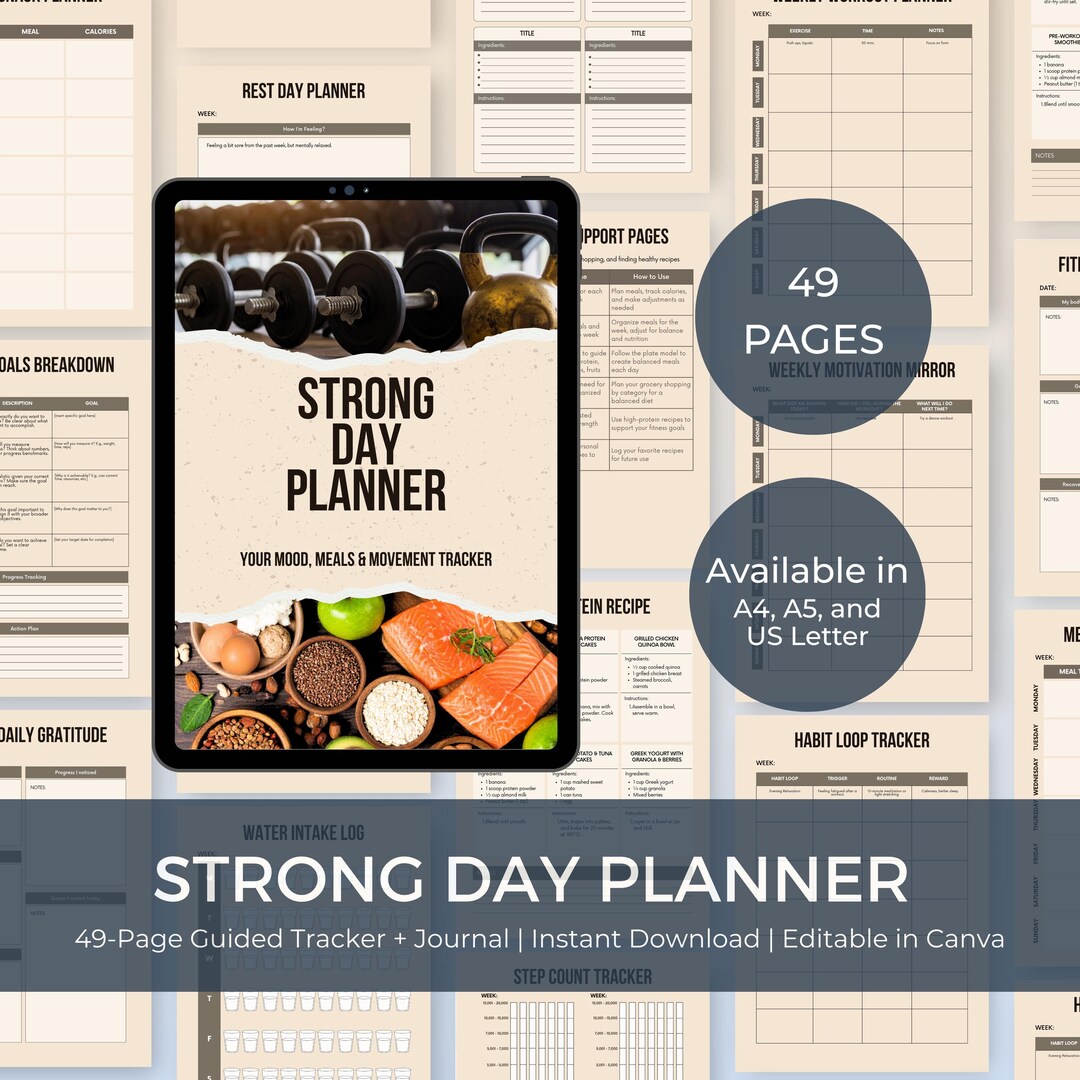 Fitness Planner, Workout & Meal Tracker, Canva Template (digital ...