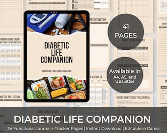 Blood Sugar Level Log, Diabetic Meal Plan Tracker, Diabetes Management Journal, Glycemic Index Meal Planner, Editable Journal Canva Template