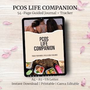 Puede incluir: Una tableta digital que muestra un diario titulado "PCOS LIFE COMPANION". La portada presenta una imagen de tres mujeres y el texto "Track Your Mood, Cycle & Daily Balance". El diario es un diario guiado y rastreador de 54 páginas, disponible en tamaños A4, A5 y US Letter.