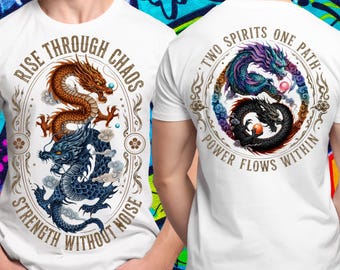 Camiseta japonesa con doble dragón, camiseta con dragón espiritual, camiseta gráfica frontal y trasera, ropa urbana asiática, ropa inspirada en tatuajes.