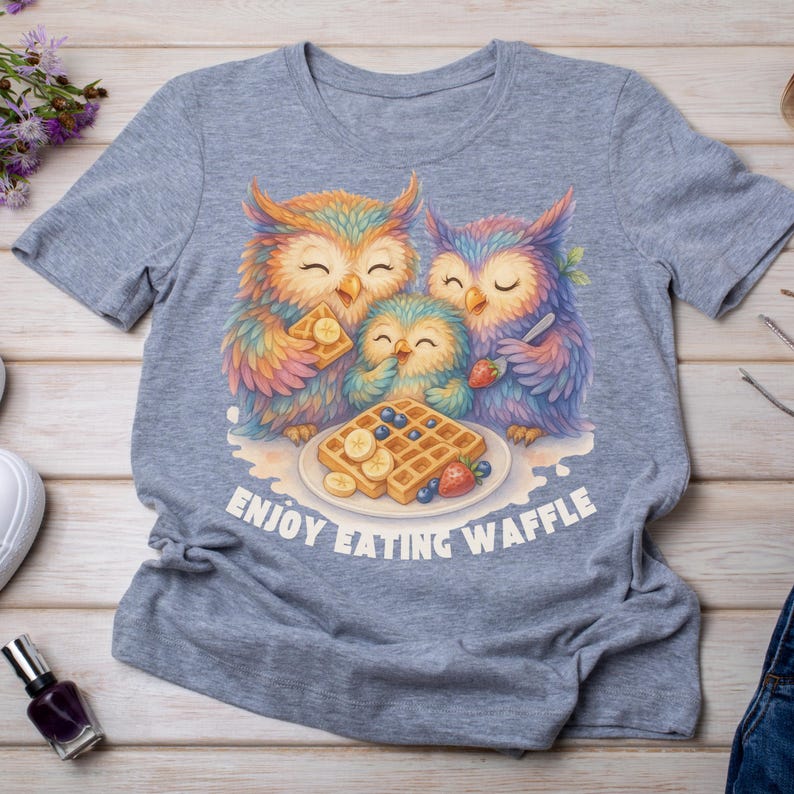Puede incluir: Camiseta gris claro con una colorida ilustraci&oacute;n de tres b&uacute;hos comiendo gofres con pl&aacute;tanos y ar&aacute;ndanos. El texto "ENJOY EATING WAFFLE" est&aacute; impreso debajo.