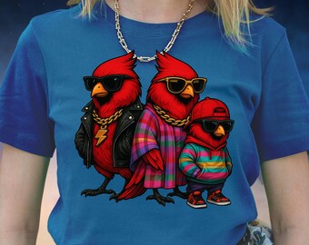 Camiseta hipster de la familia Cardenal, camiseta gráfica de trío de pájaros estilo urbano