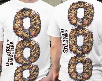 Camiseta estilo urbano Owl Gang, diseño de círculo urbano, estampado frontal y trasero.