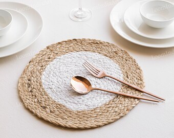 Braided Jute Placemats | Round Rustic Tablemats, 14-inch Sustainable dining decor, Heat Resistant Mat, Straw Braided Place Mats