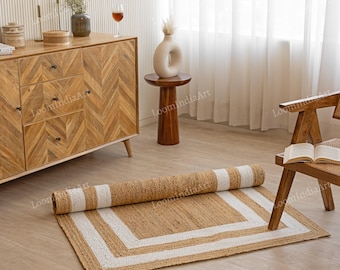 White Jute Braided Rug, Eco-Friendly Handwoven Carpet (Custom Size)