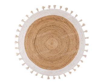 Handmade Jute Round Rug: White Boho Rug with Tassels