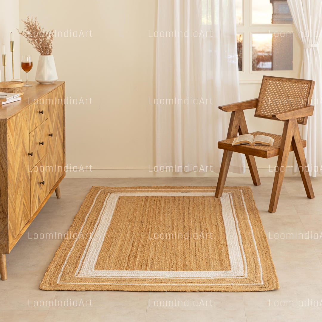 White Boarder Rug Hand Braided Jute Area Rug: White Border, Boho Home Decor - Etsy