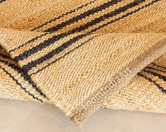 Handloomed Hemp Jute Runner Rug: Beige & Black Striped Carpet